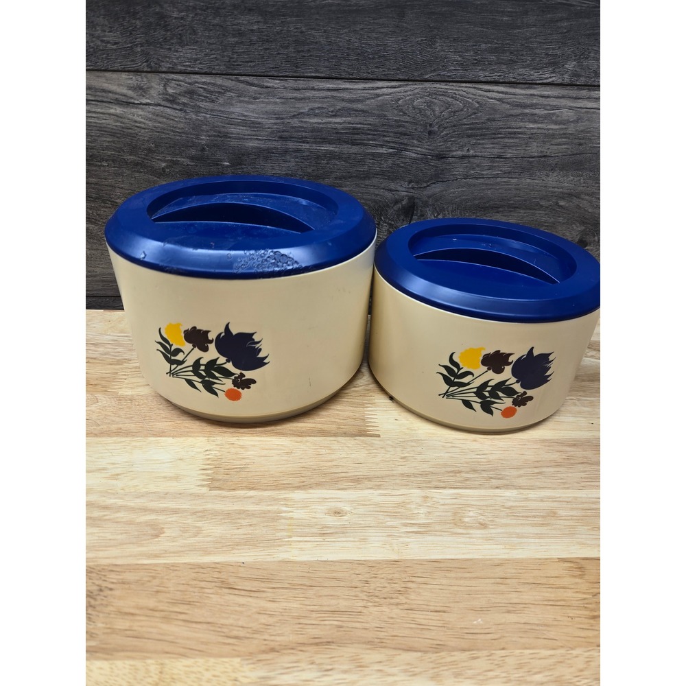Vintage Sterilite Floral Canister Set 2pc Blue Cream Plastic Kitchen Storage